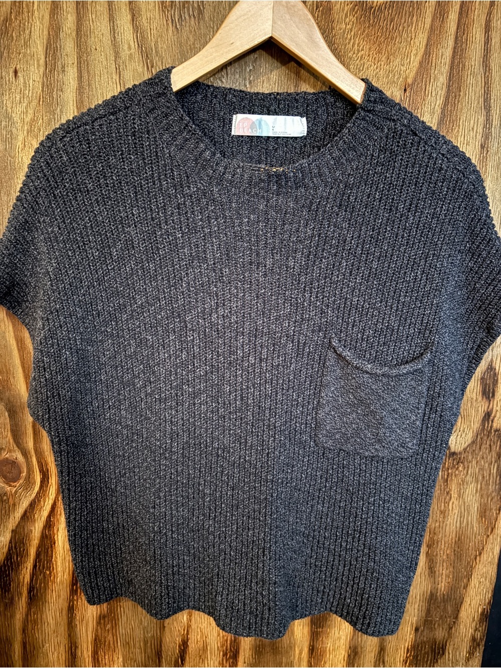 Free People Dark Charcoal Ribbed Crewneck Pocket Sweater